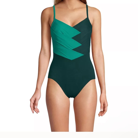 Lands End green one piece swimsuit bathing suit SlenderSuit Pleated 10 long new - Picture 3 of 14